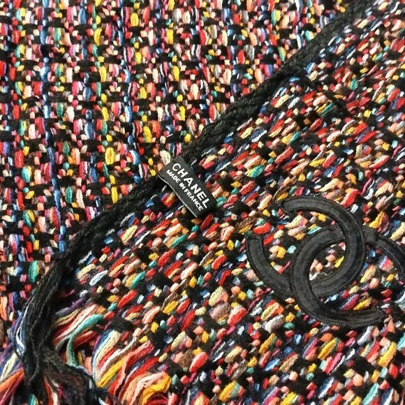 CHANEL Luxury Vintage Black & Red Multi-Color Woven Fringed Shawl Wrap Scarf - Picture 10 of 15